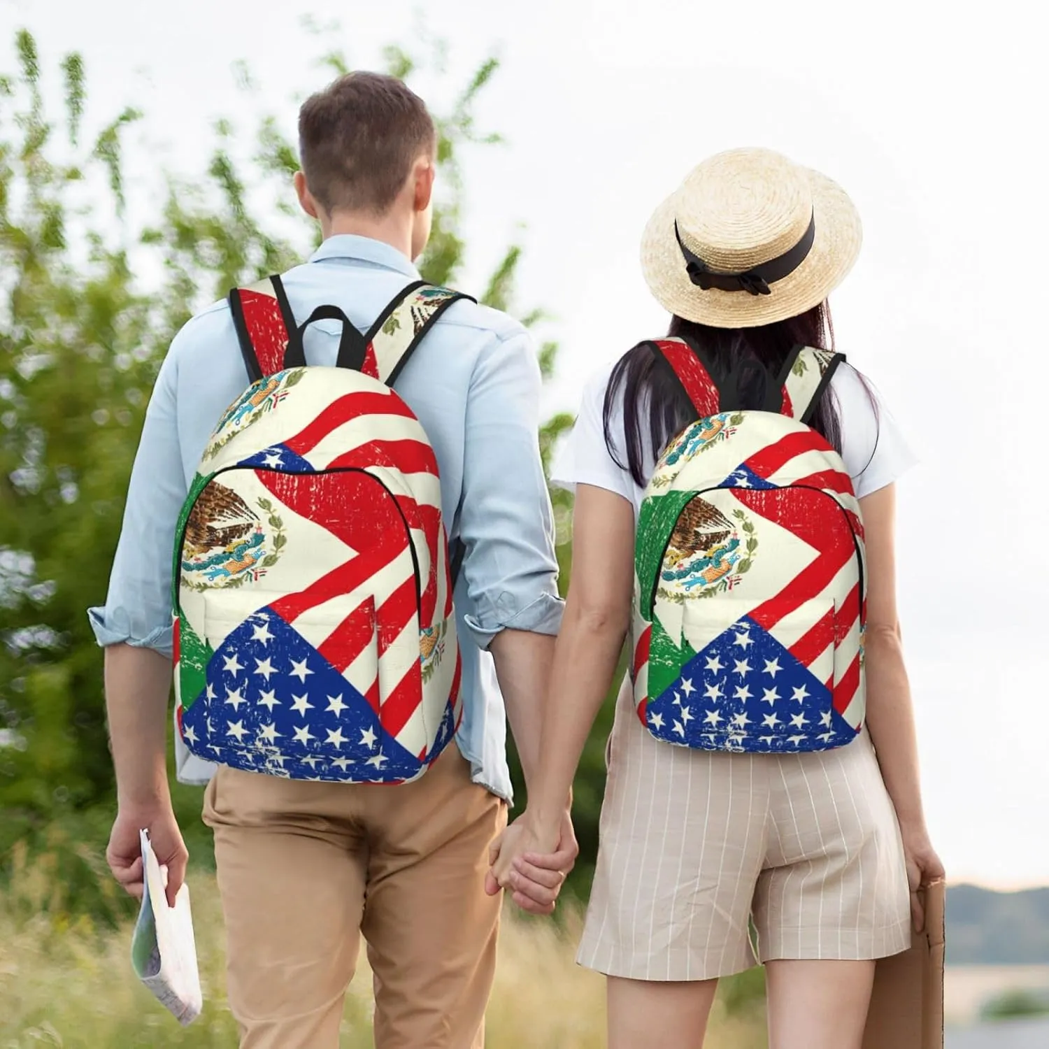 Mexican American Flag Print Canvas Backpack Women,Mens Travel Casual Daypack Bookbag For Laptop Work Travel Hiking