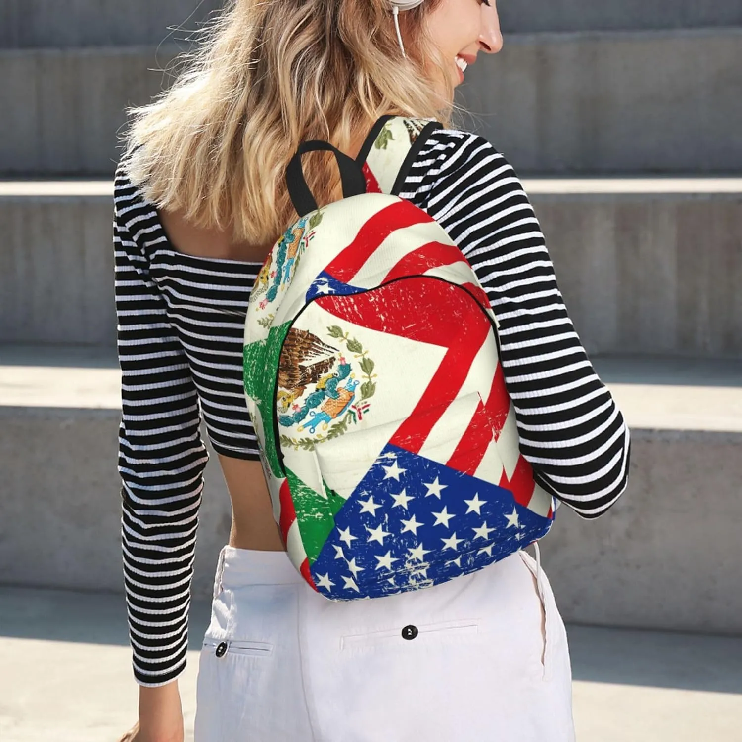 Mexican American Flag Print Canvas Backpack Women,Mens Travel Casual Daypack Bookbag For Laptop Work Travel Hiking