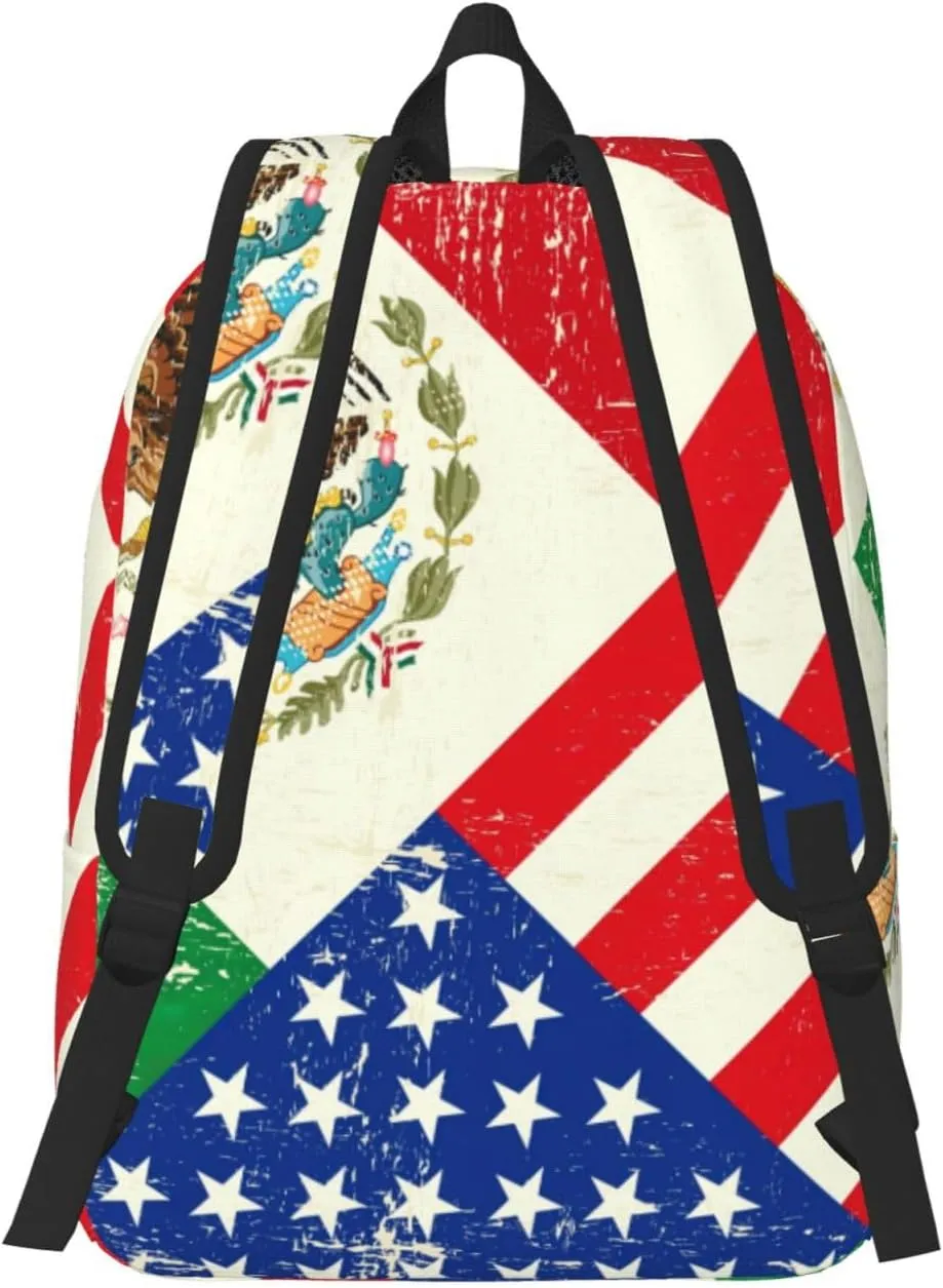 Mexican American Flag Print Canvas Backpack Women,Mens Travel Casual Daypack Bookbag For Laptop Work Travel Hiking