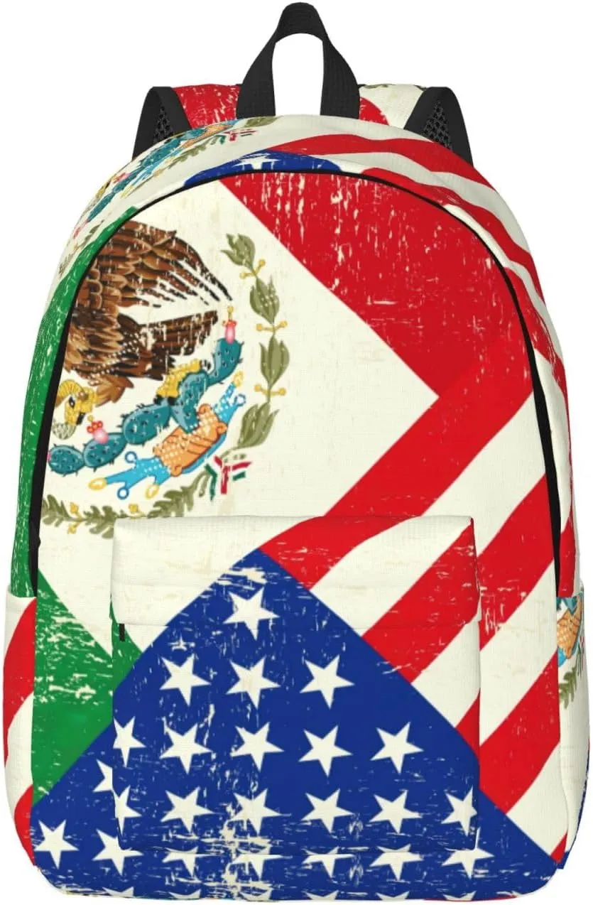 Mexican American Flag Print Canvas Backpack Women,Mens Travel Casual Daypack Bookbag For Laptop Work Travel Hiking