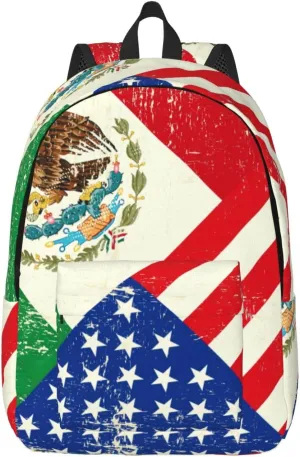 Mexican American Flag Print Canvas Backpack Women,Mens Travel Casual Daypack Bookbag For Laptop Work Travel Hiking