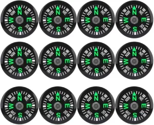 Mini Survival Compass, 12pcs Black Outdoor Camping Hiking Pocket Button Compass with Oil Liquid Filled Military Navigation Tool Professional Field Compasses for Kids Emergency Kits Boating Touring
