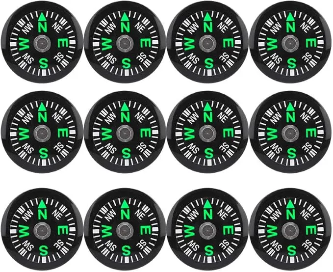 Mini Survival Compass, 12pcs Black Outdoor Camping Hiking Pocket Button Compass with Oil Liquid Filled Military Navigation Tool Professional Field Compasses for Kids Emergency Kits Boating Touring
