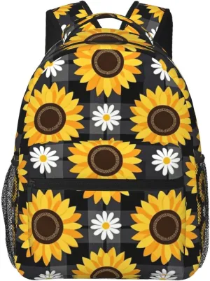 Modern Black Buffalo Plaid Sunflower Adult Backpacks 15 Inch Laptop Backpack Double Shoulder Bag for Work Travel Gifts
