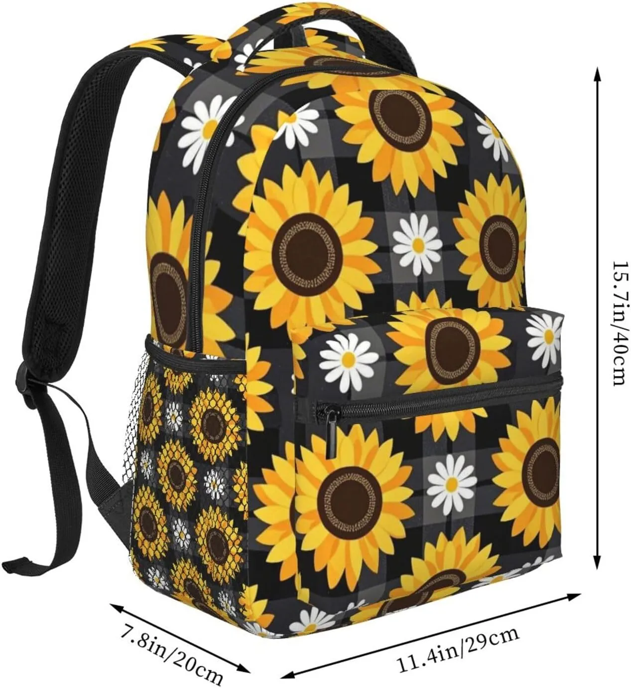 Modern Black Buffalo Plaid Sunflower Adult Backpacks 15 Inch Laptop Backpack Double Shoulder Bag for Work Travel Gifts
