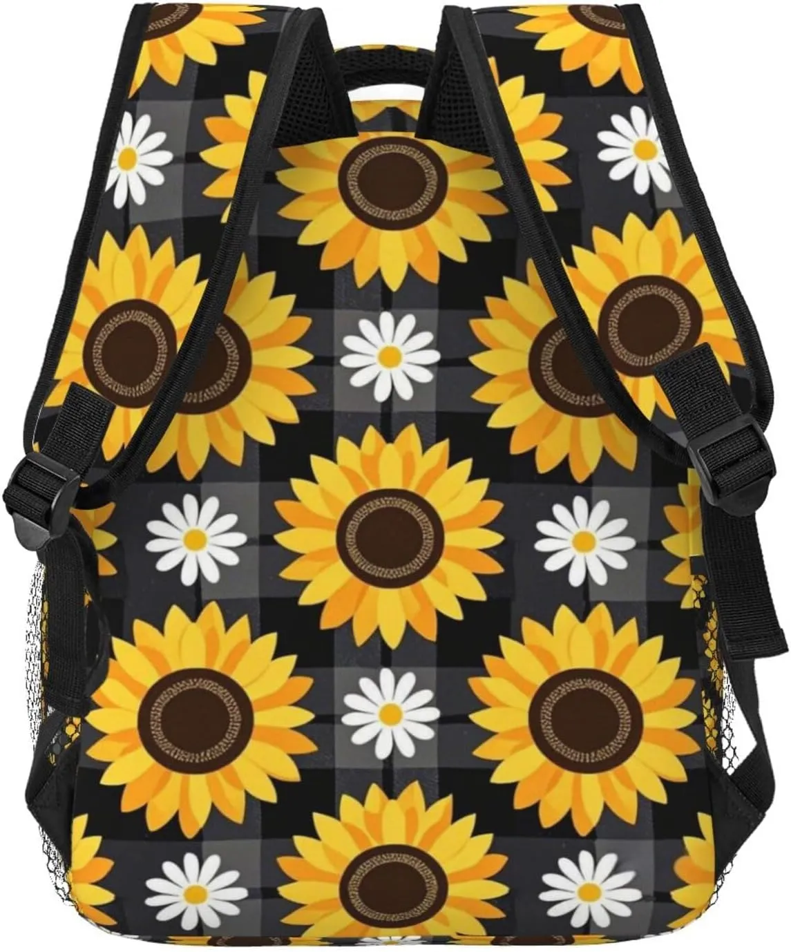 Modern Black Buffalo Plaid Sunflower Adult Backpacks 15 Inch Laptop Backpack Double Shoulder Bag for Work Travel Gifts