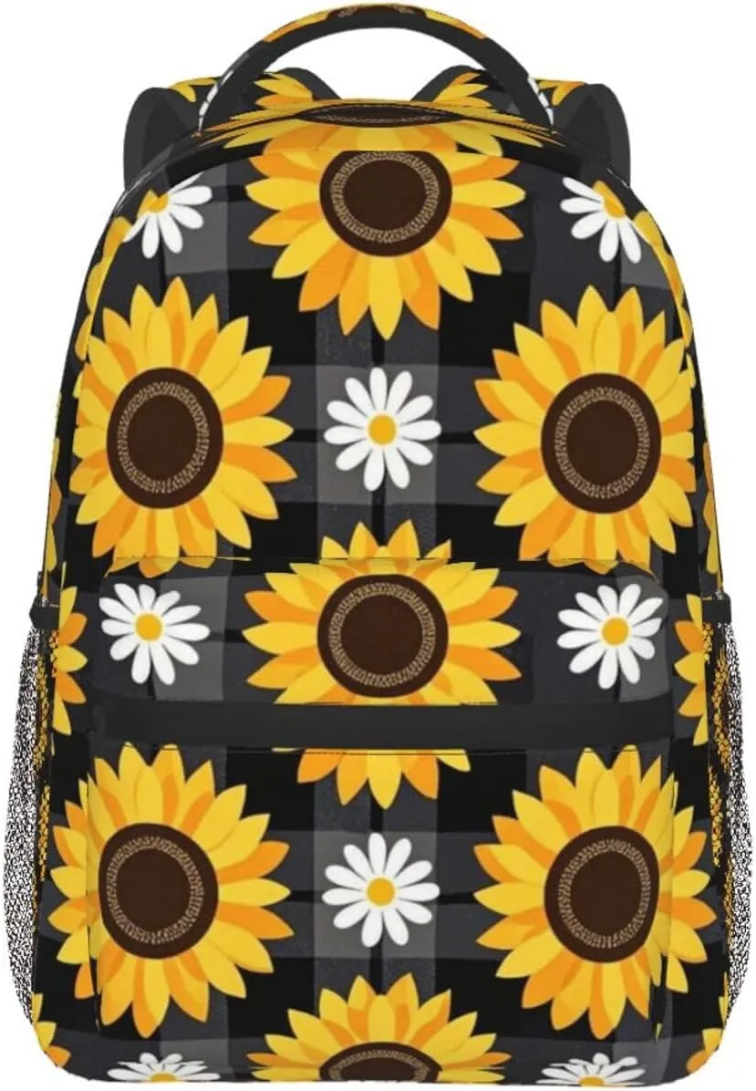 Modern Black Buffalo Plaid Sunflower Adult Backpacks 15 Inch Laptop Backpack Double Shoulder Bag for Work Travel Gifts