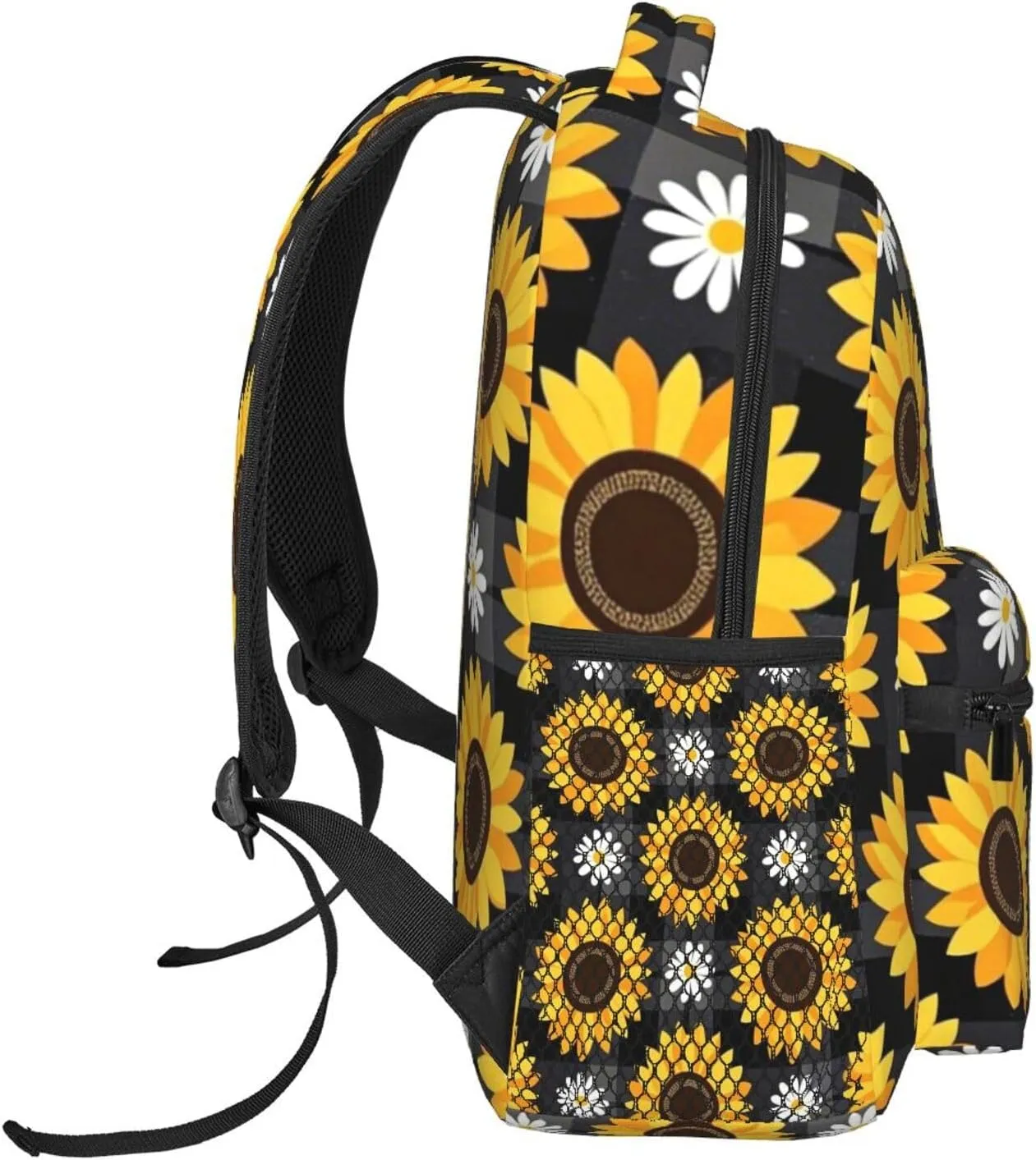 Modern Black Buffalo Plaid Sunflower Adult Backpacks 15 Inch Laptop Backpack Double Shoulder Bag for Work Travel Gifts