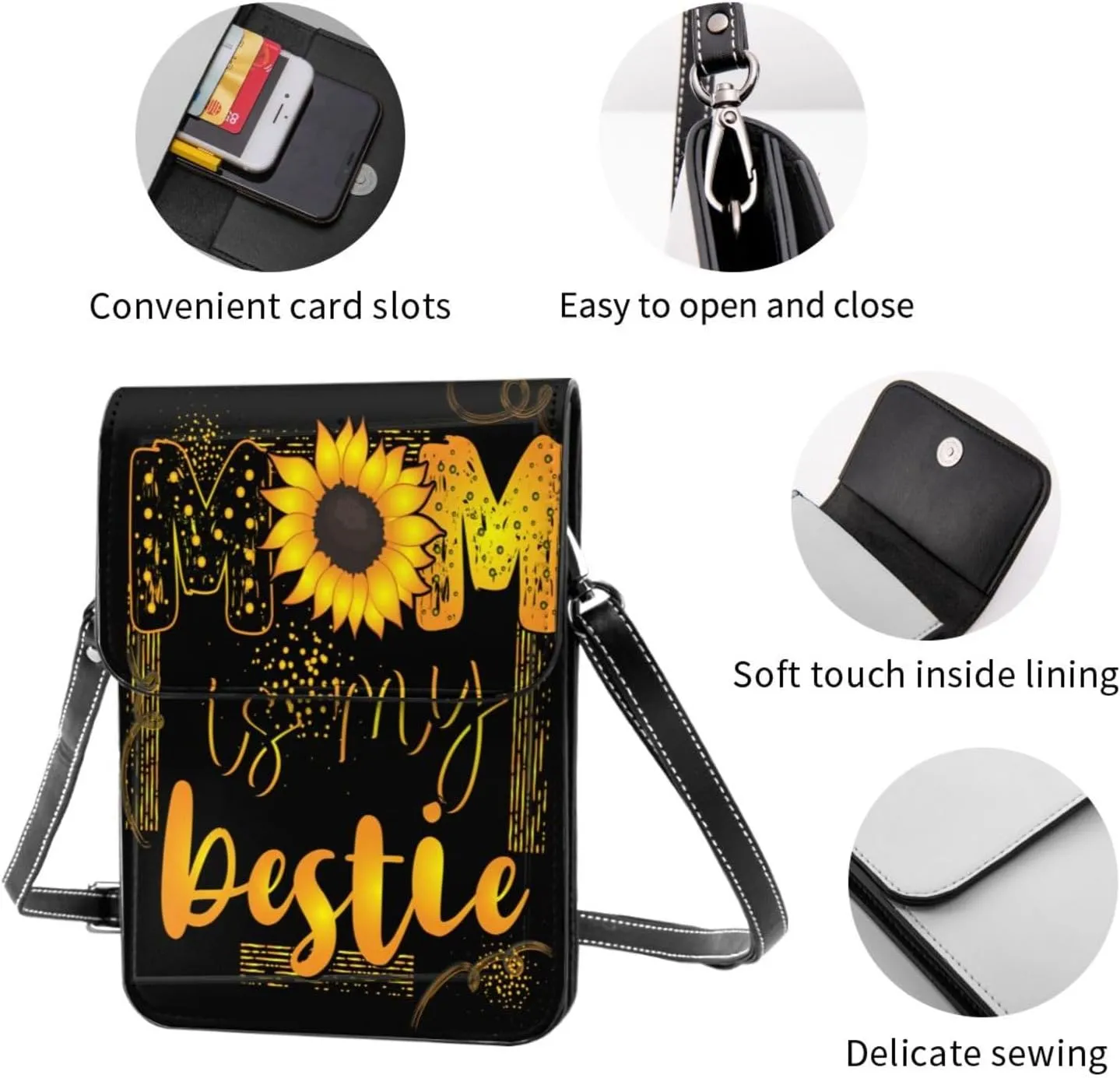 Mother's Day Floral Hearts Leather Crossbody Cell Phone Purse Small Wallet Bags Adjustable Phone Bag for Women