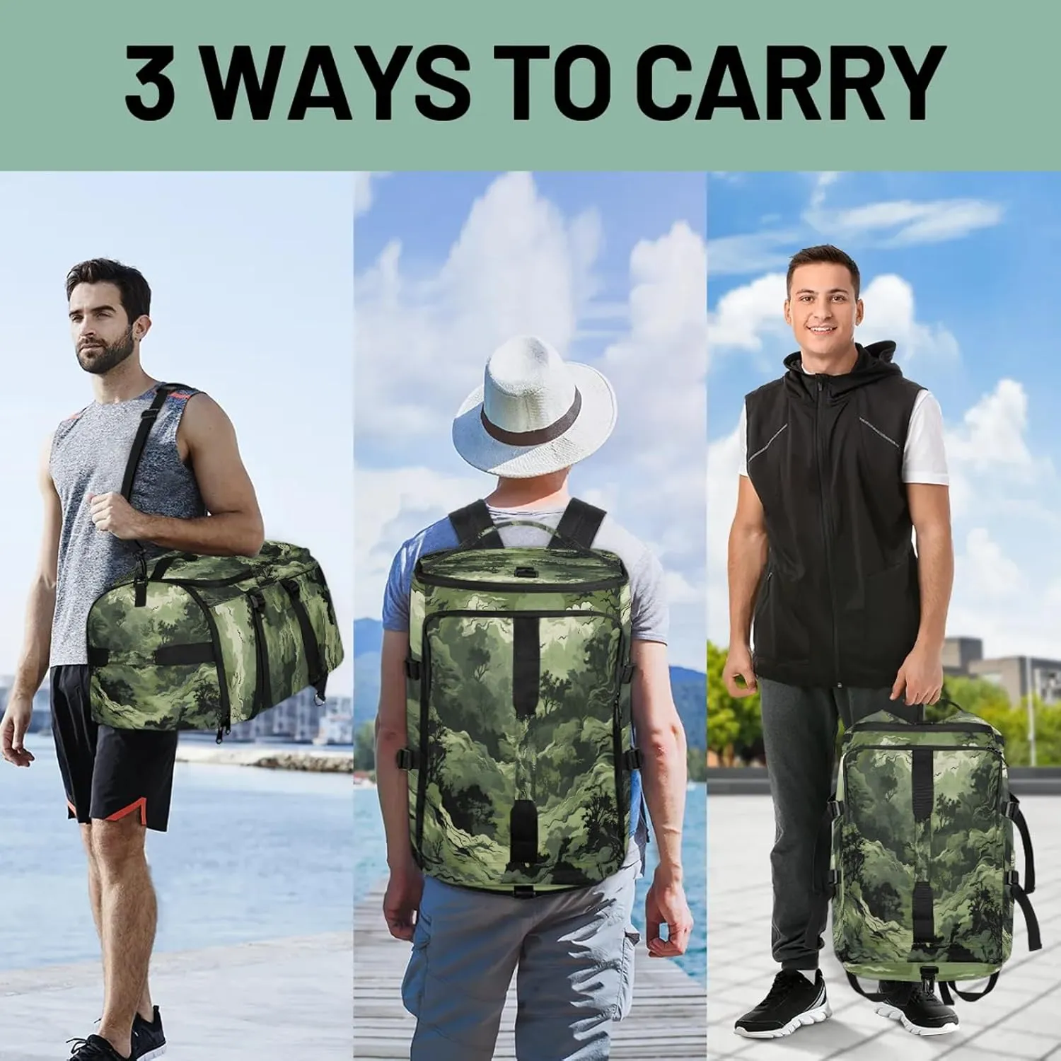 Mountain Camo Gym Bags for Men Women Sports Backpack with Shoe Compartment 3-in-1 Tactical Duffle Bag for Overnight Weekender Travel