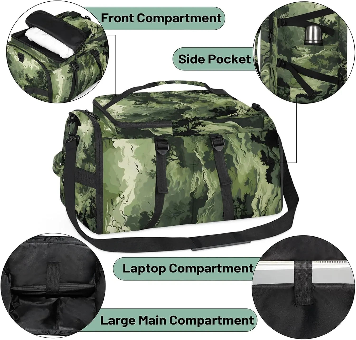 Mountain Camo Gym Bags for Men Women Sports Backpack with Shoe Compartment 3-in-1 Tactical Duffle Bag for Overnight Weekender Travel