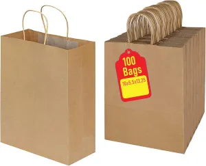 Mr. Miracle Premium 10x5x13 Paper Bags with Handles - Pack of 100, Kraft Paper Bags Ideal for Shopping, Wedding, Business, Retail, Craft, Gifts & More - Durable, 100% Recyclable Brown Quality Bags