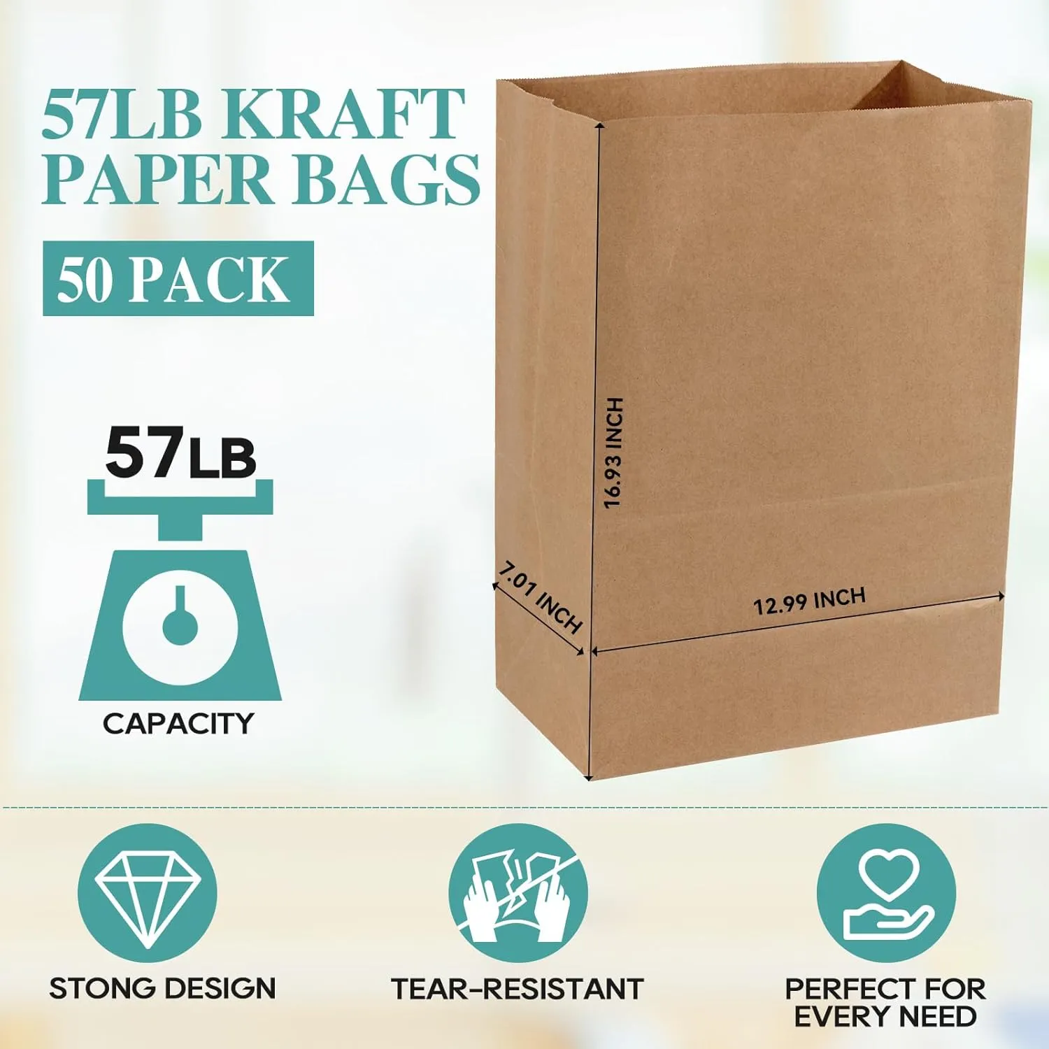 MUCHII 57 LB 50 Count Kraft Paper Bags, Large Brown Paper Grocery Bags for Storage, Shopping