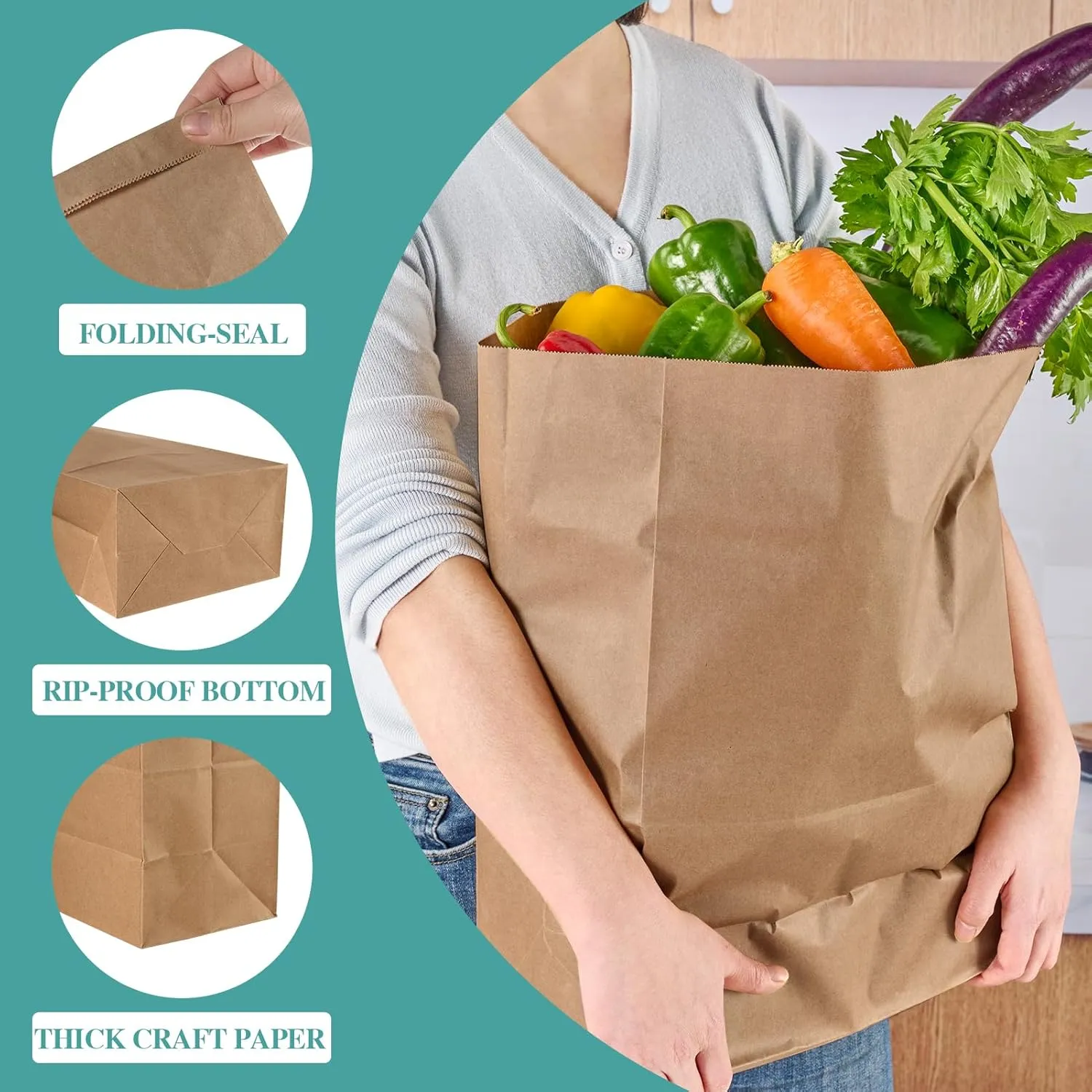 MUCHII 57 LB 50 Count Kraft Paper Bags, Large Brown Paper Grocery Bags for Storage, Shopping