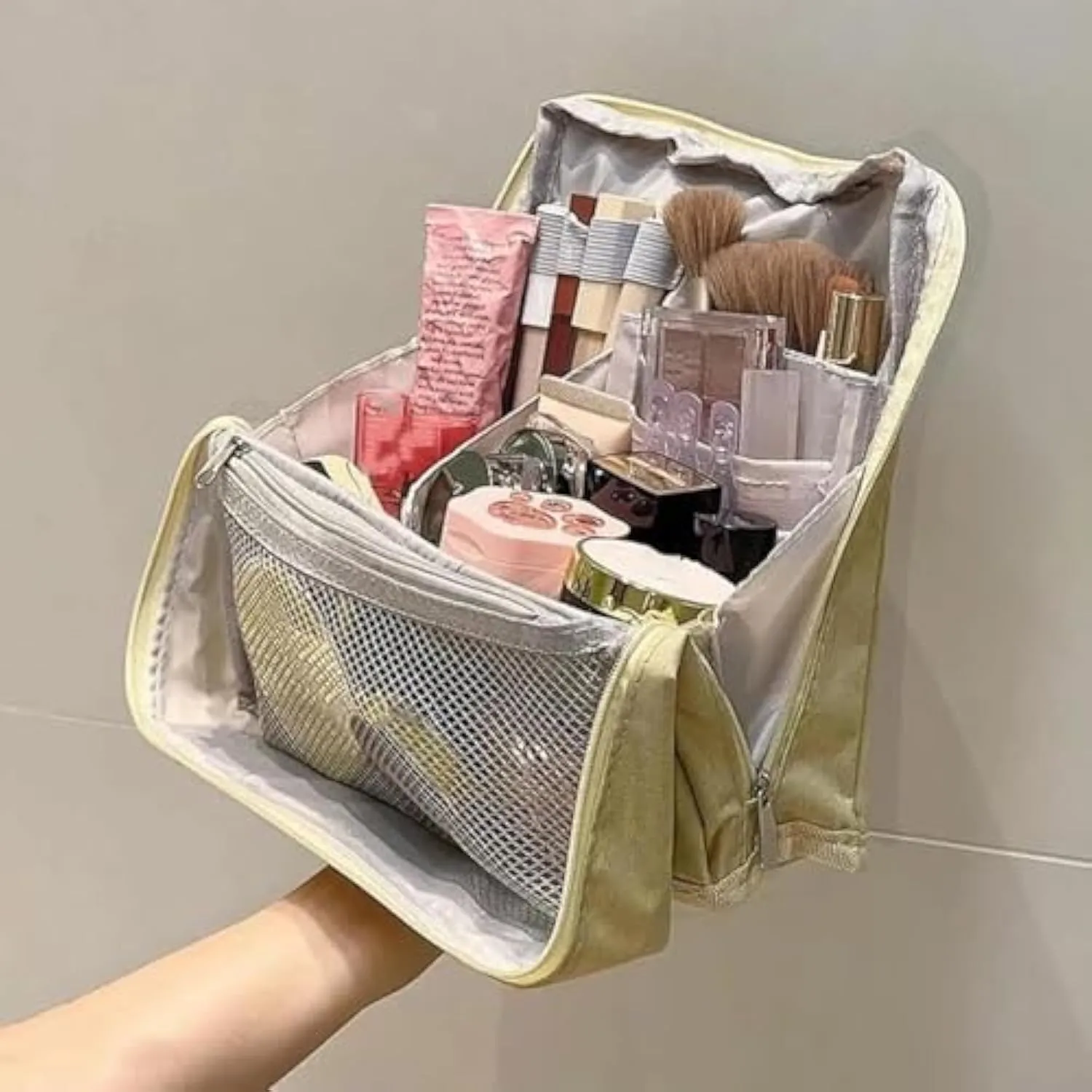 Multi-Purpose Large Capacity Oxford Cloth Standing Makeup Bag - Waterproof Cosmetic Organizer with Compartments, Travel Toiletry Bag, Black Standing Makeup Pouch for Storage (Black)