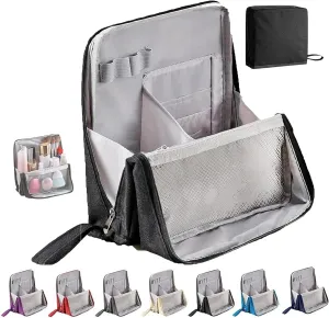 Multi-Purpose Large Capacity Oxford Cloth Standing Makeup Bag - Waterproof Cosmetic Organizer with Compartments, Travel Toiletry Bag, Black Standing Makeup Pouch for Storage (Black)