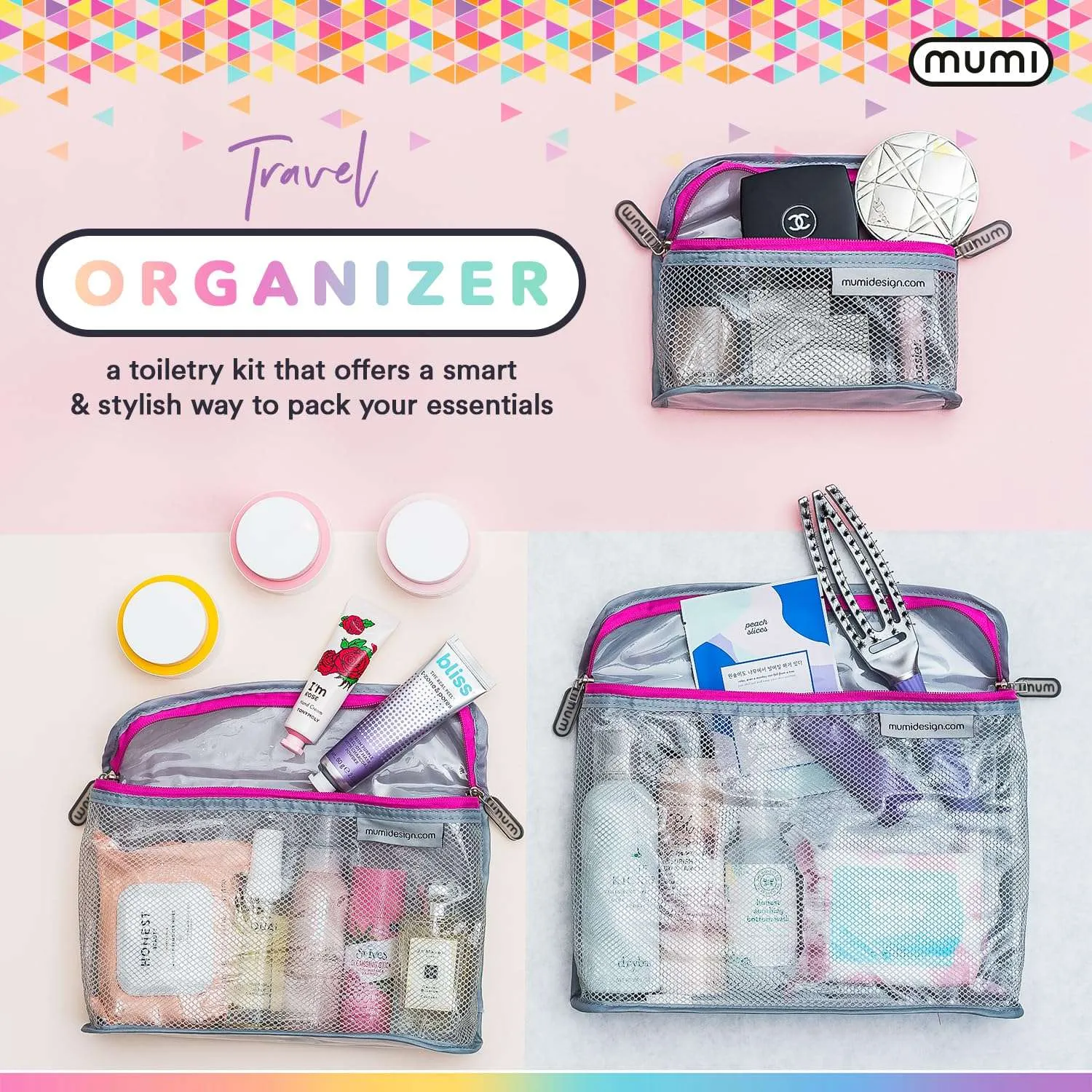 MUMI Travel Toiletry Bag Set of 3 – Water-Resistant Toiletry Bags for Women & Men – Clear Bags for Toiletries, Skincare, Makeup & Travel Essentials – Lightweight, Durable & Portable Organizer - Blue