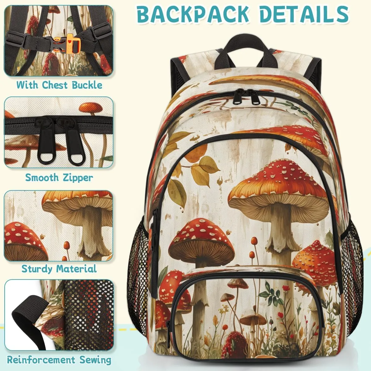 Mushroom Laptop Backpack for Women Men, 18.3 Inch Travel Work Backpacks, Seasonal Vintage Waterproof Computer Casual Daypack Nurse Teacher Bags