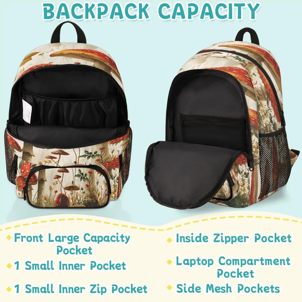 Mushroom Laptop Backpack for Women Men, 18.3 Inch Travel Work Backpacks, Seasonal Vintage Waterproof Computer Casual Daypack Nurse Teacher Bags