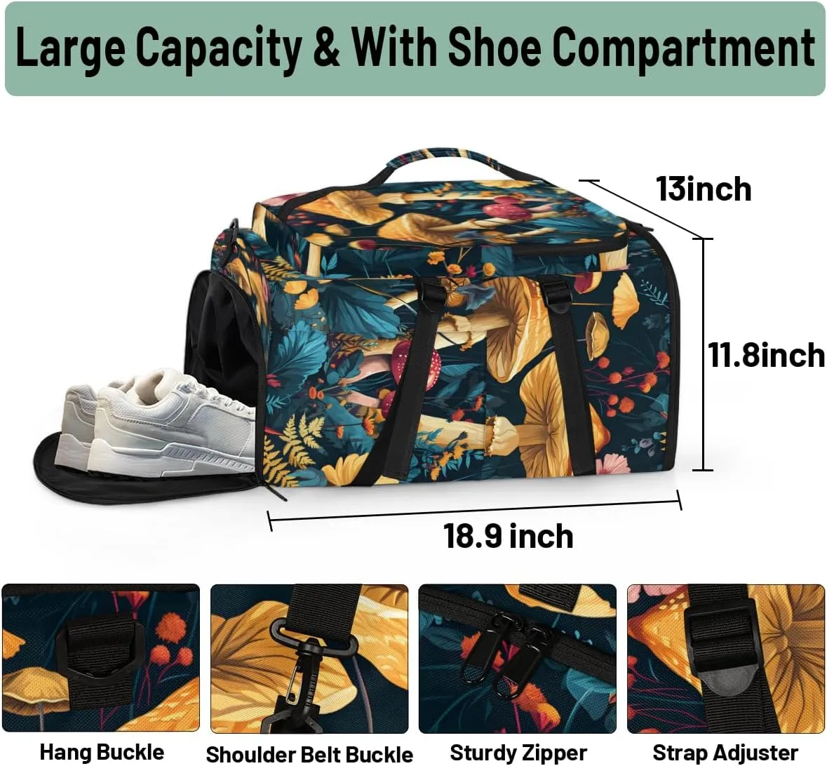Mushroom Travel Backpack Carry On Flight Approved for Women Men, 18.9 Inch Large Forest Theme Airline Approved Luggage Weekender Backpacks