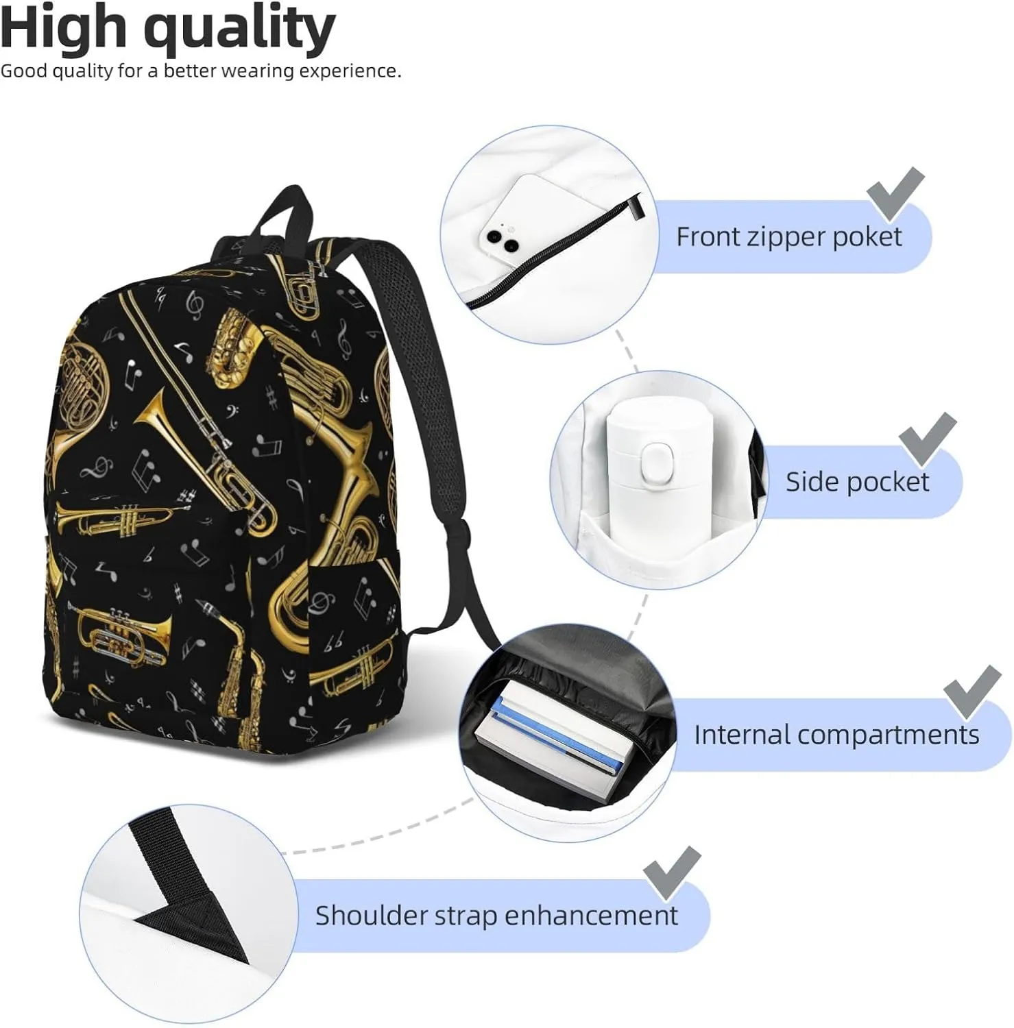 Musical Instruments Print Canvas Backpack Women,Mens Travel Casual Daypack Bookbag For Laptop Work Travel Hiking