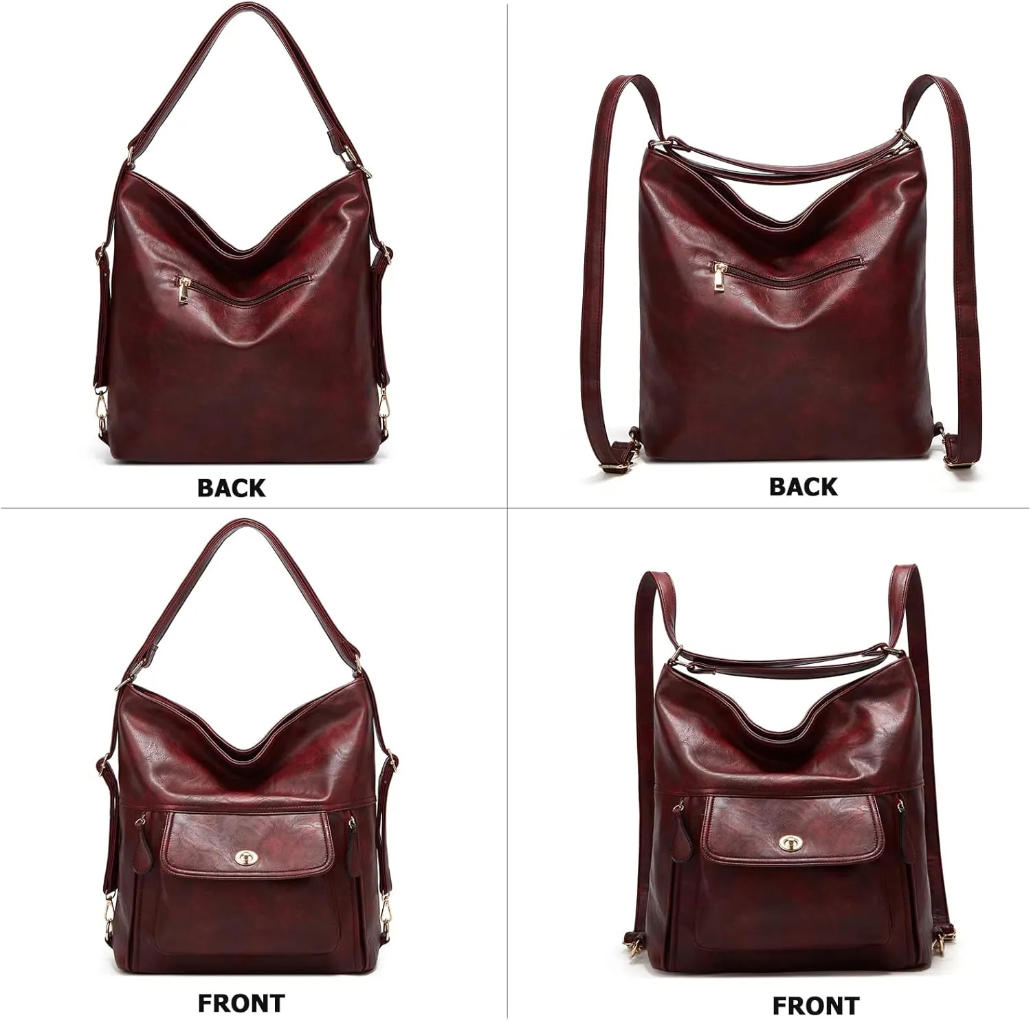 myfriday Vintage Leather Fashion Backpack Purse for Women Large Capacity Convertible Backpack Travel Daily Daypack (Burgundy)