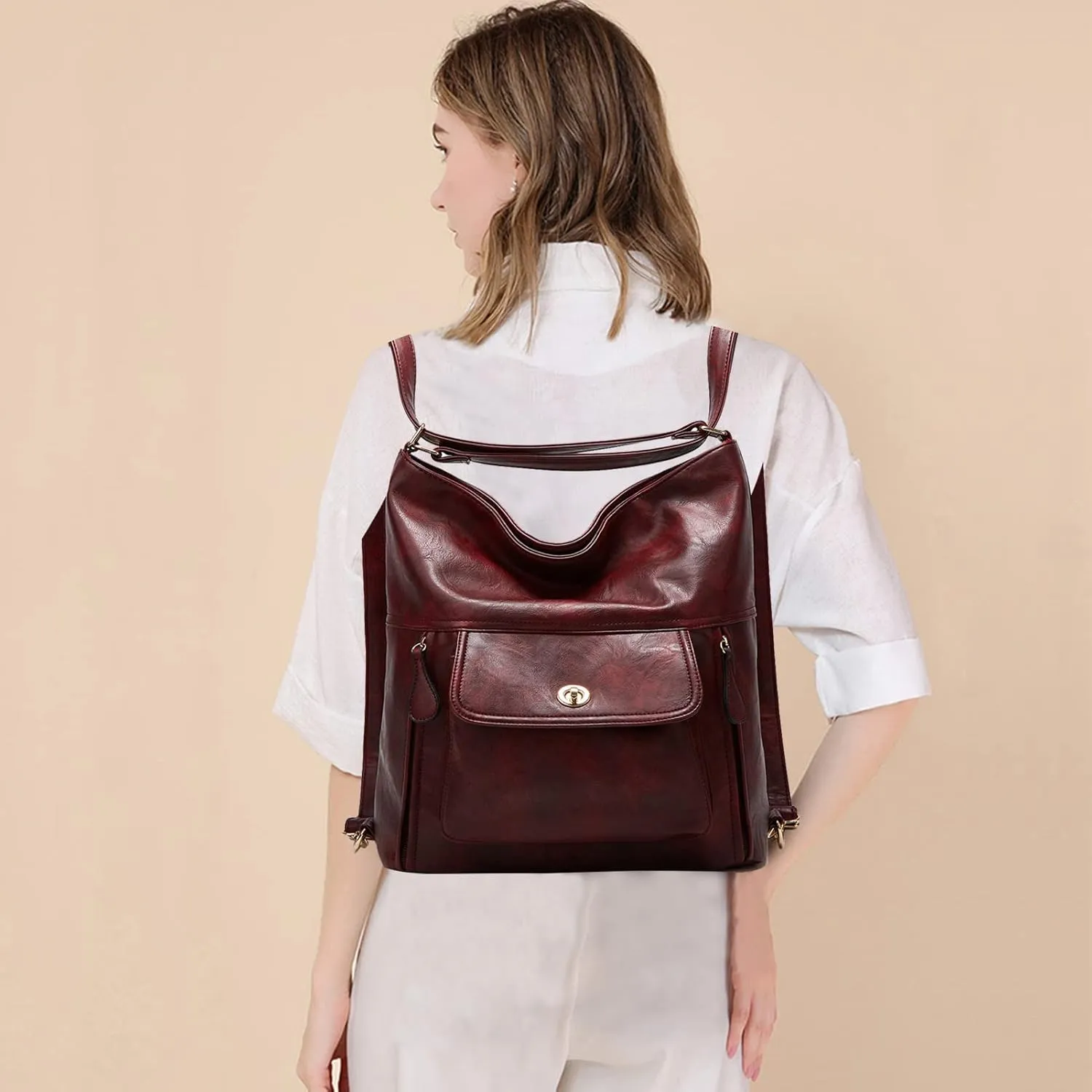 myfriday Vintage Leather Fashion Backpack Purse for Women Large Capacity Convertible Backpack Travel Daily Daypack (Burgundy)
