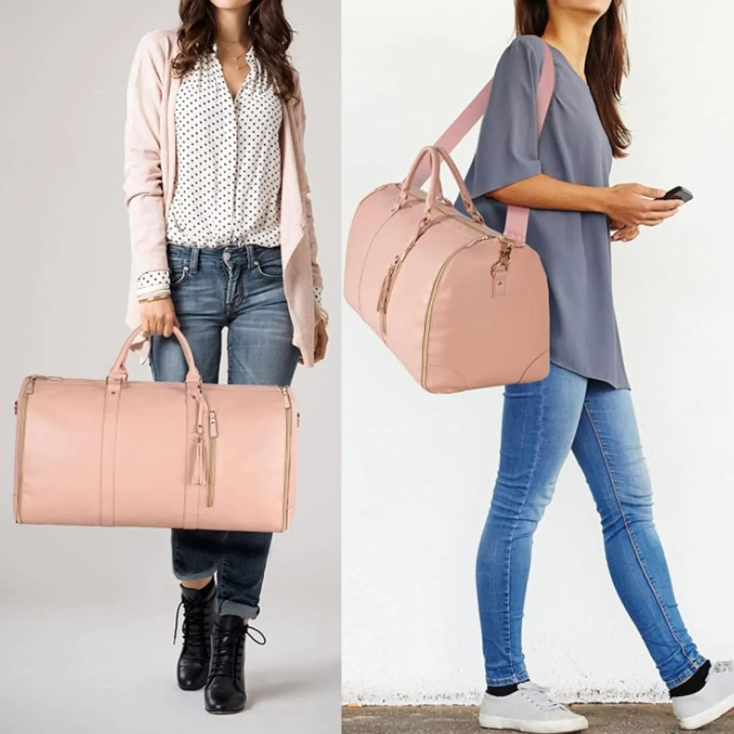 Myjennibag Pink Wheeled Travel Bag, 2 In 1 Convertible Large Pu Leather Waterproof Duffle Bag
