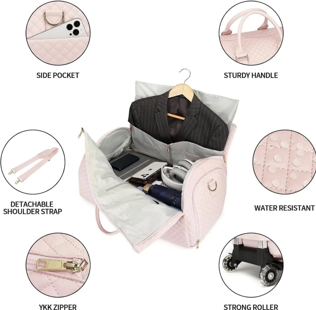 Myjennibag Pink Wheeled Travel Bag, 2 In 1 Convertible Large Pu Leather Waterproof Duffle Bag