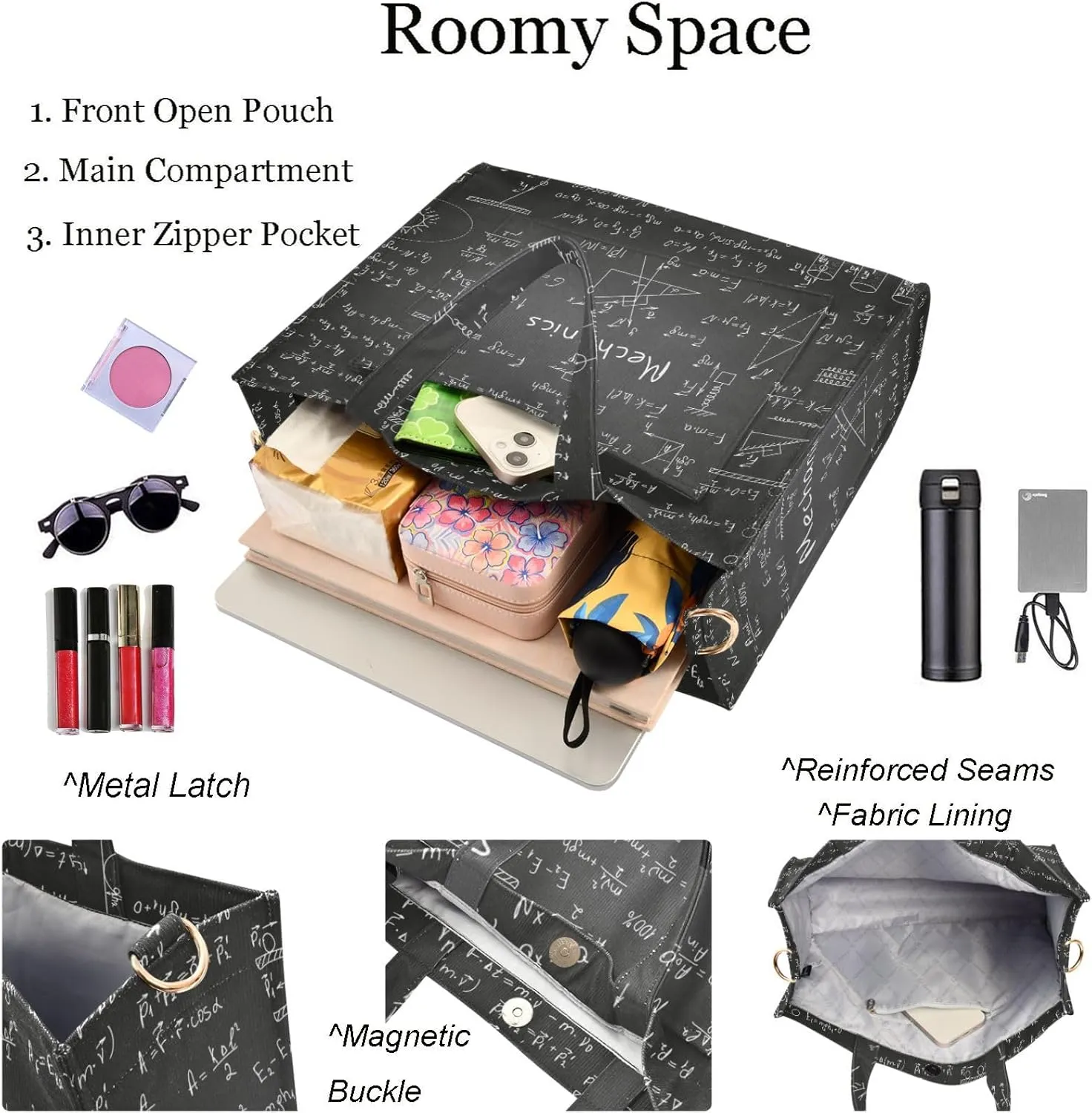 Naanle Physics Formulas Chalkboard Pattern Corduroy Lagre Crossbody Tote Bag&Handbag for Beach Gym Shopping Grocery