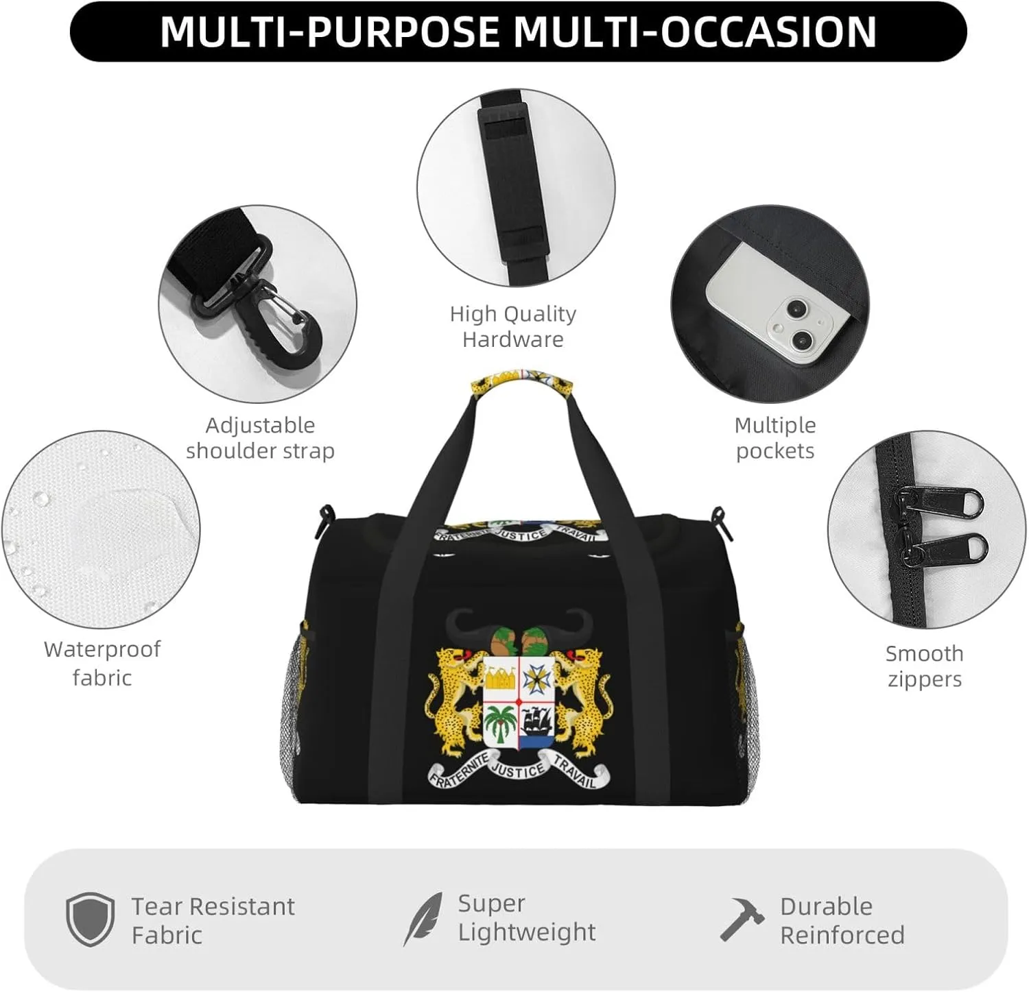 National Emblem Of Benin Travel Duffel Bag Large Foldable Waterproof Overnight Bag For Beach Swim Bags Pool Sports Gym