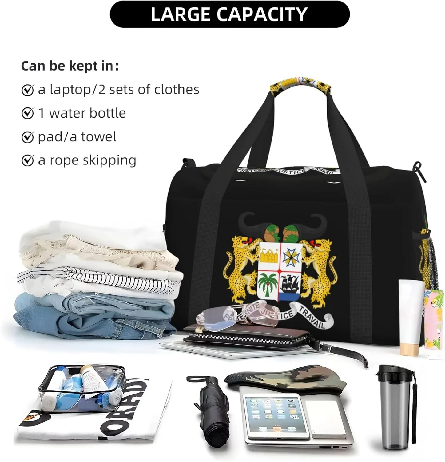 National Emblem Of Benin Travel Duffel Bag Large Foldable Waterproof Overnight Bag For Beach Swim Bags Pool Sports Gym