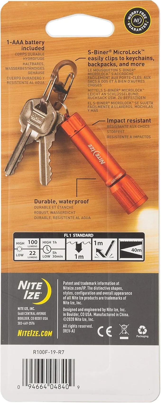 Nite Ize R100F-19-R7 Radiant 100 Keychain EDC Flashlight, Orange