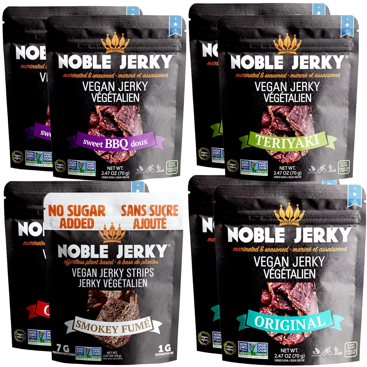 NOBLE Jerky - Healthy Vegan Jerky Snacks, Vegetarian, Ultimate Sampler Pack, 70 Gram Bags (8 Bags)