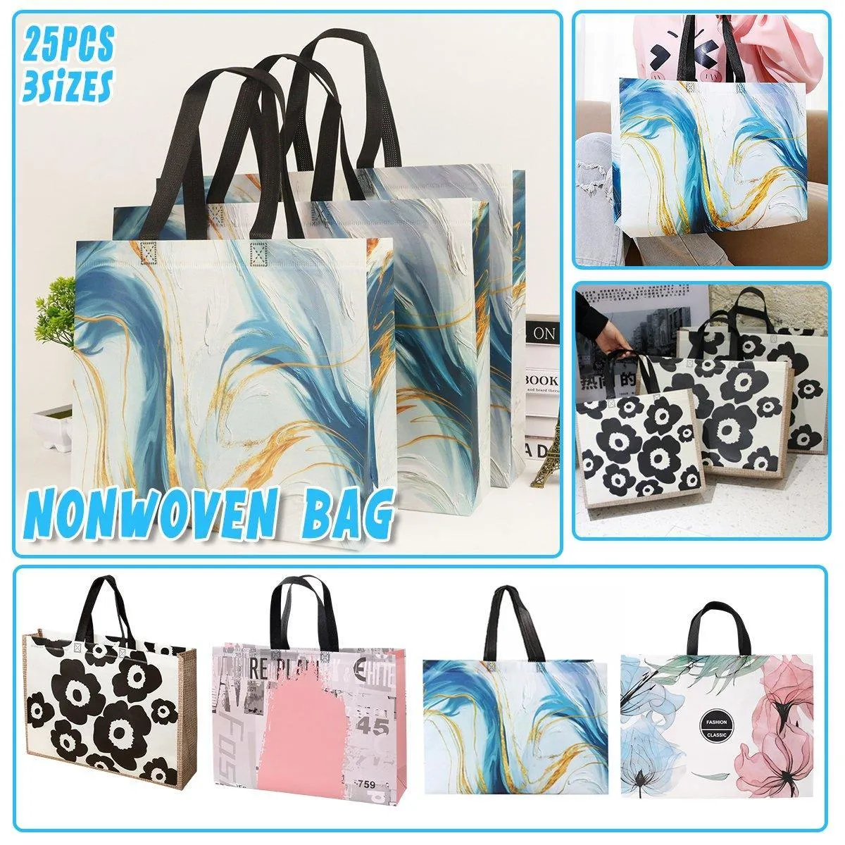 Non-Woven Reusable Shopping Tote Bags 25PCS