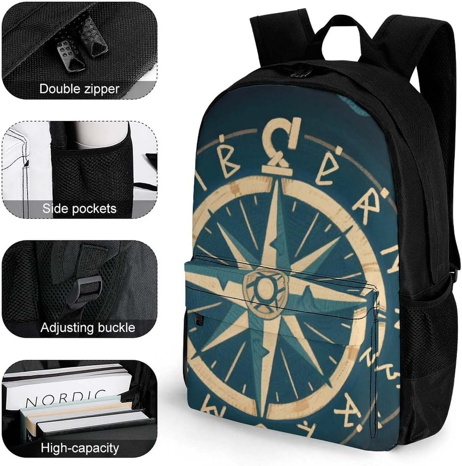 Norse Gold Vegvisir Runic Compass Art Daypack Polyester Anti-Theft Multipurpose Bookbag Big Capacity Gym Outdoor Hiking Backpack With Adjustable Shoulder Straps