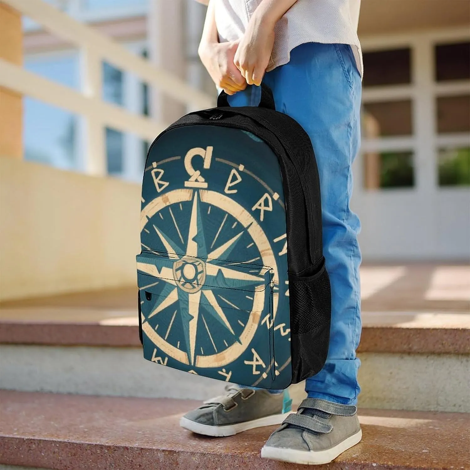Norse Gold Vegvisir Runic Compass Art Daypack Polyester Anti-Theft Multipurpose Bookbag Big Capacity Gym Outdoor Hiking Backpack With Adjustable Shoulder Straps