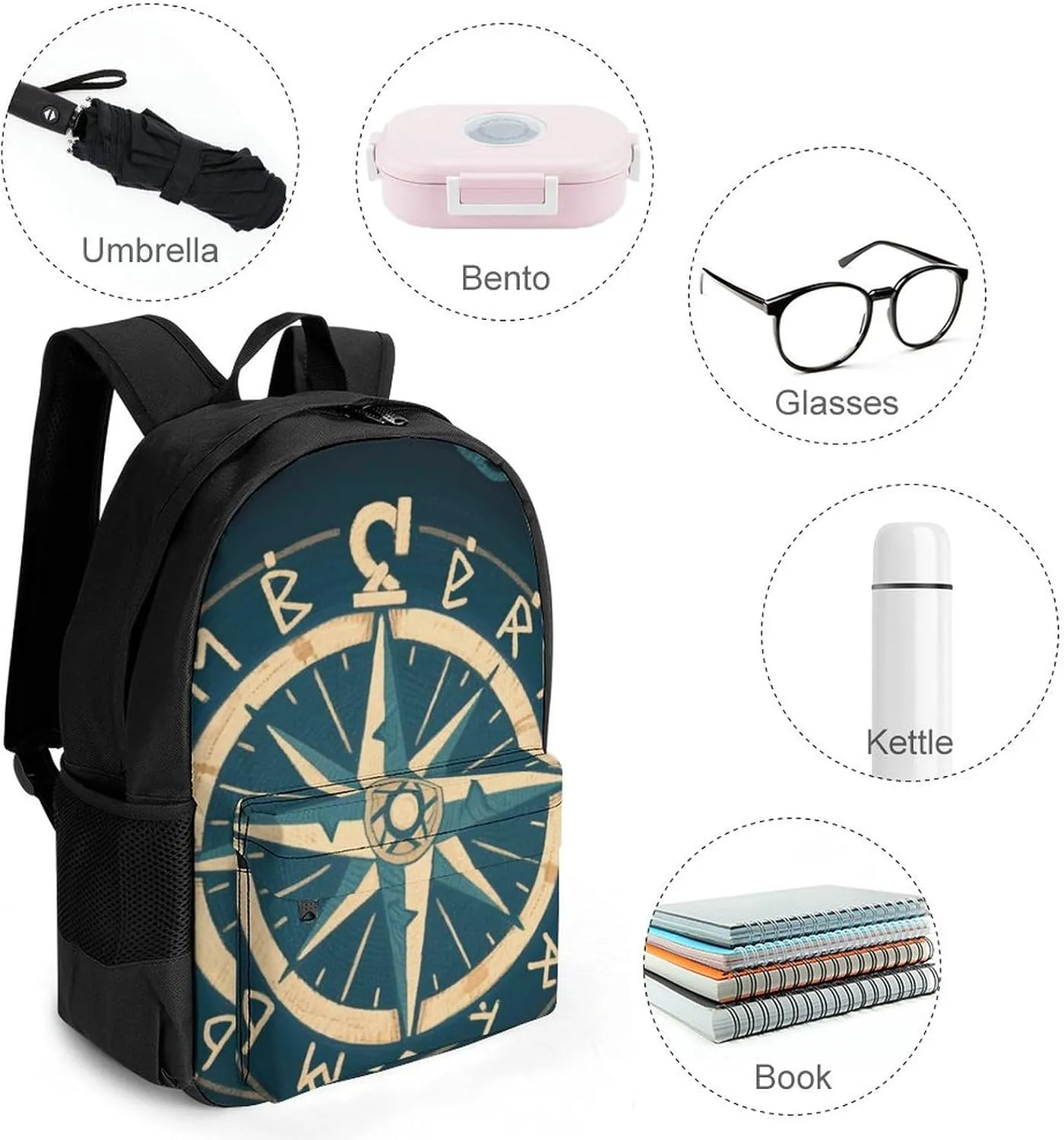 Norse Gold Vegvisir Runic Compass Art Daypack Polyester Anti-Theft Multipurpose Bookbag Big Capacity Gym Outdoor Hiking Backpack With Adjustable Shoulder Straps