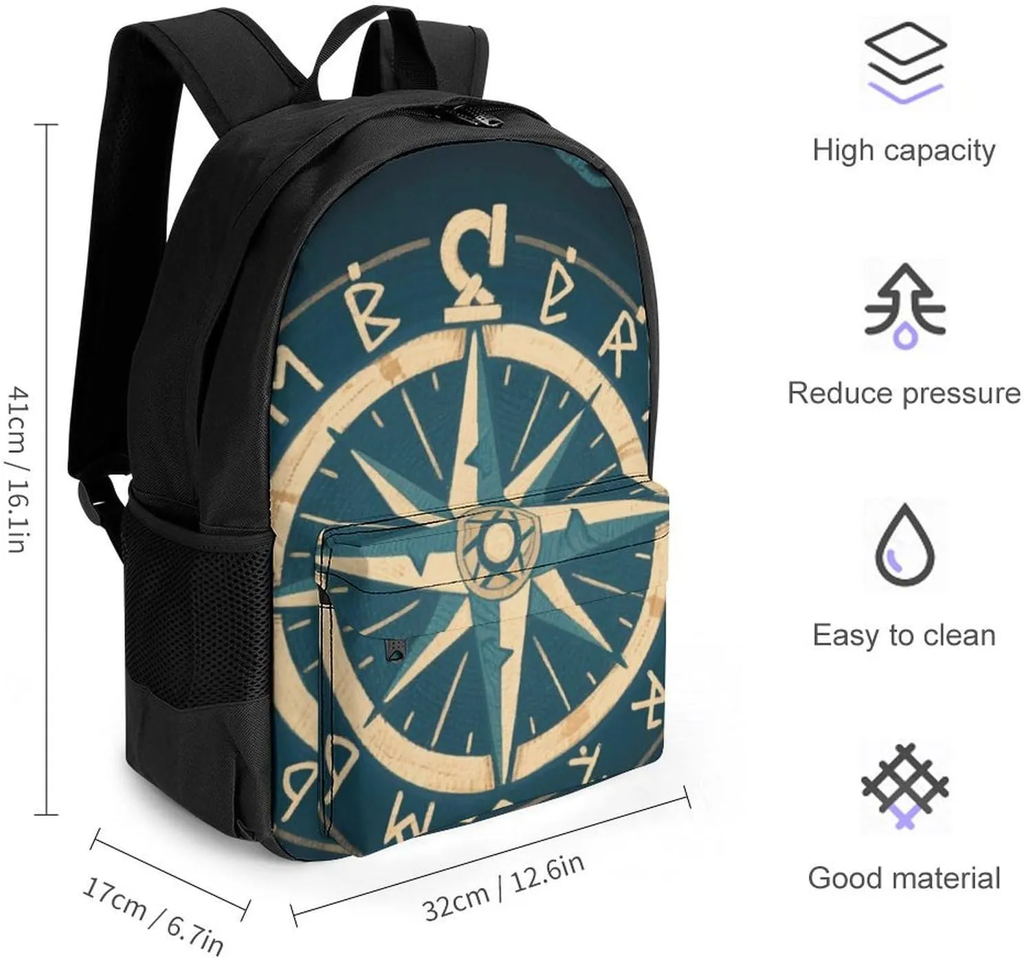 Norse Gold Vegvisir Runic Compass Art Daypack Polyester Anti-Theft Multipurpose Bookbag Big Capacity Gym Outdoor Hiking Backpack With Adjustable Shoulder Straps