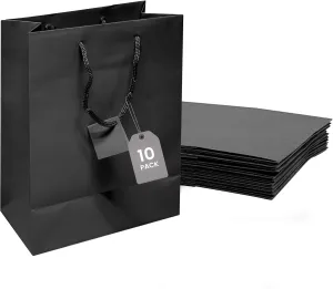 Novel Box Black Gift Bags with Handles 10 Pack 8x4x10 Inches Large Paper Bulk Gift Bags for Business, Shopping, Birthday, Party Favor - Euro Tote Paper Bag for Groceries & Personal Use