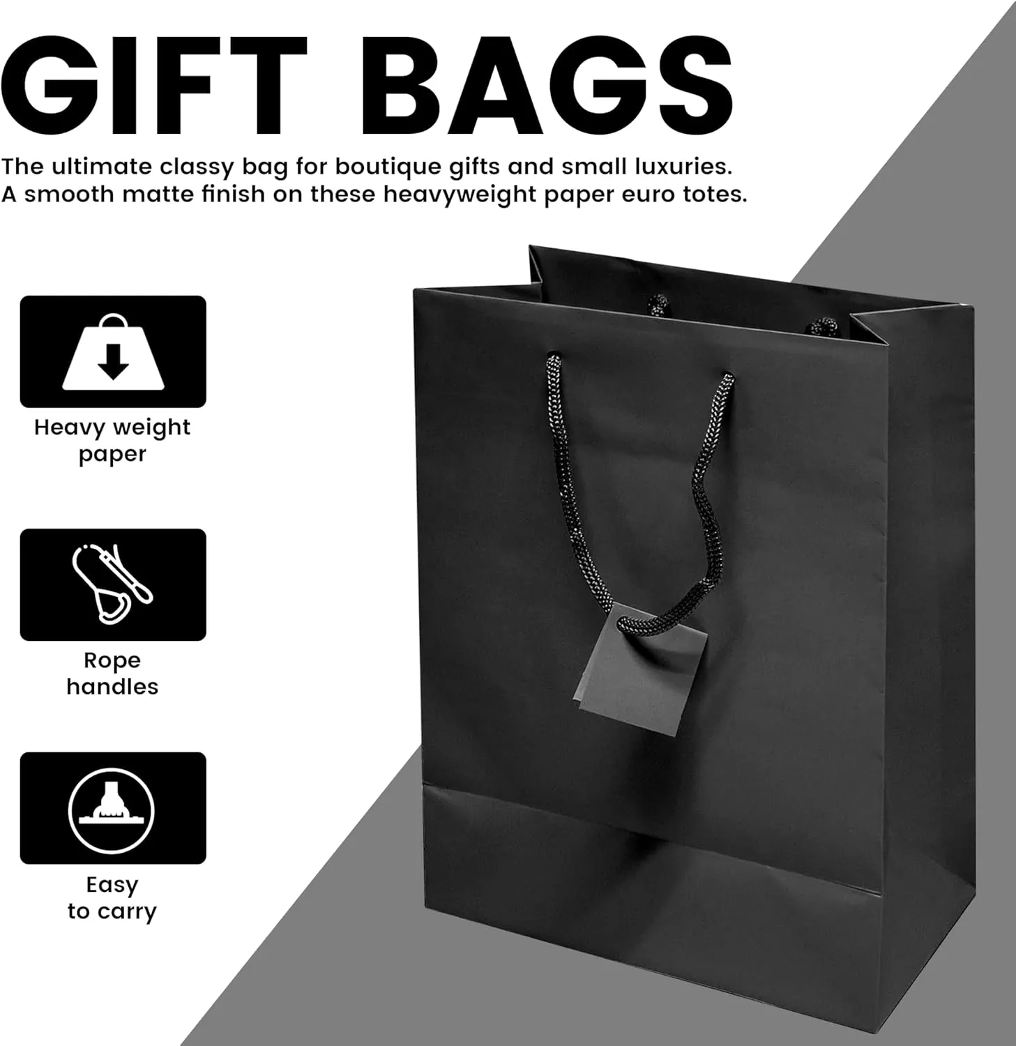 Novel Box Black Gift Bags with Handles 10 Pack 8x4x10 Inches Large Paper Bulk Gift Bags for Business, Shopping, Birthday, Party Favor - Euro Tote Paper Bag for Groceries & Personal Use