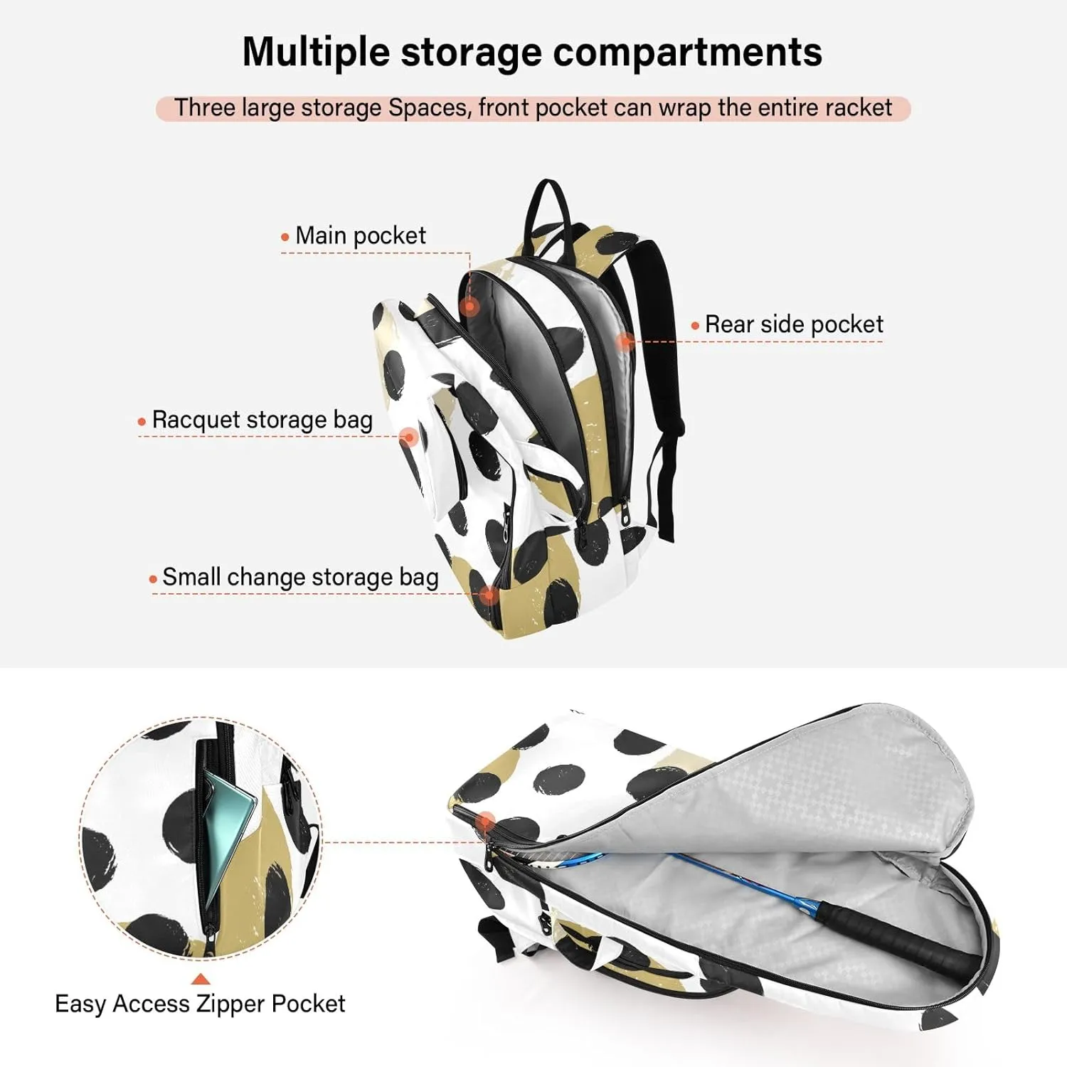ODAWA Light Salmon Tennis Bag Holds 2 Tennis Rackets Waterproof Tennis Backpack