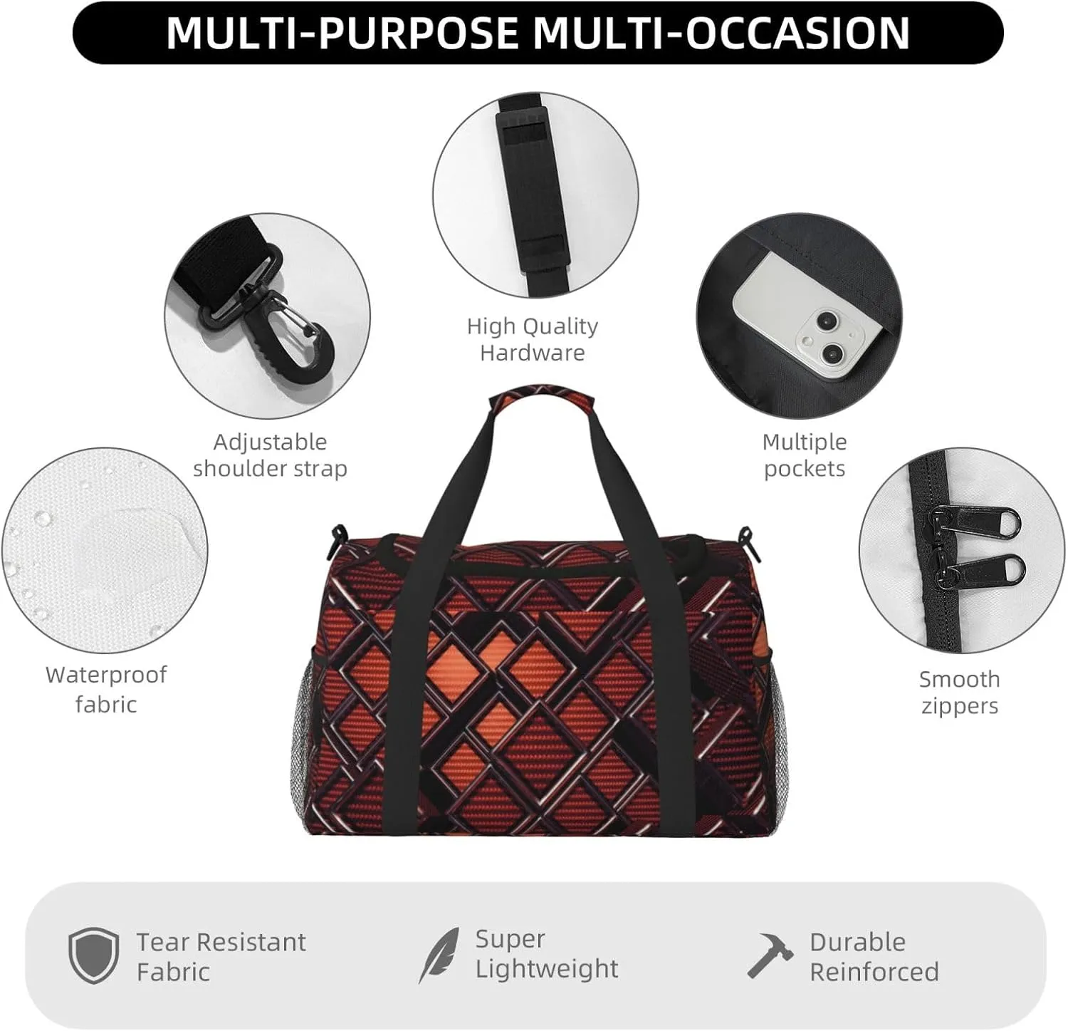 Orange-Brown Grille Travel Duffel Bag Large Foldable Waterproof Overnight Bag For Beach Swim Bags Pool Sports Gym
