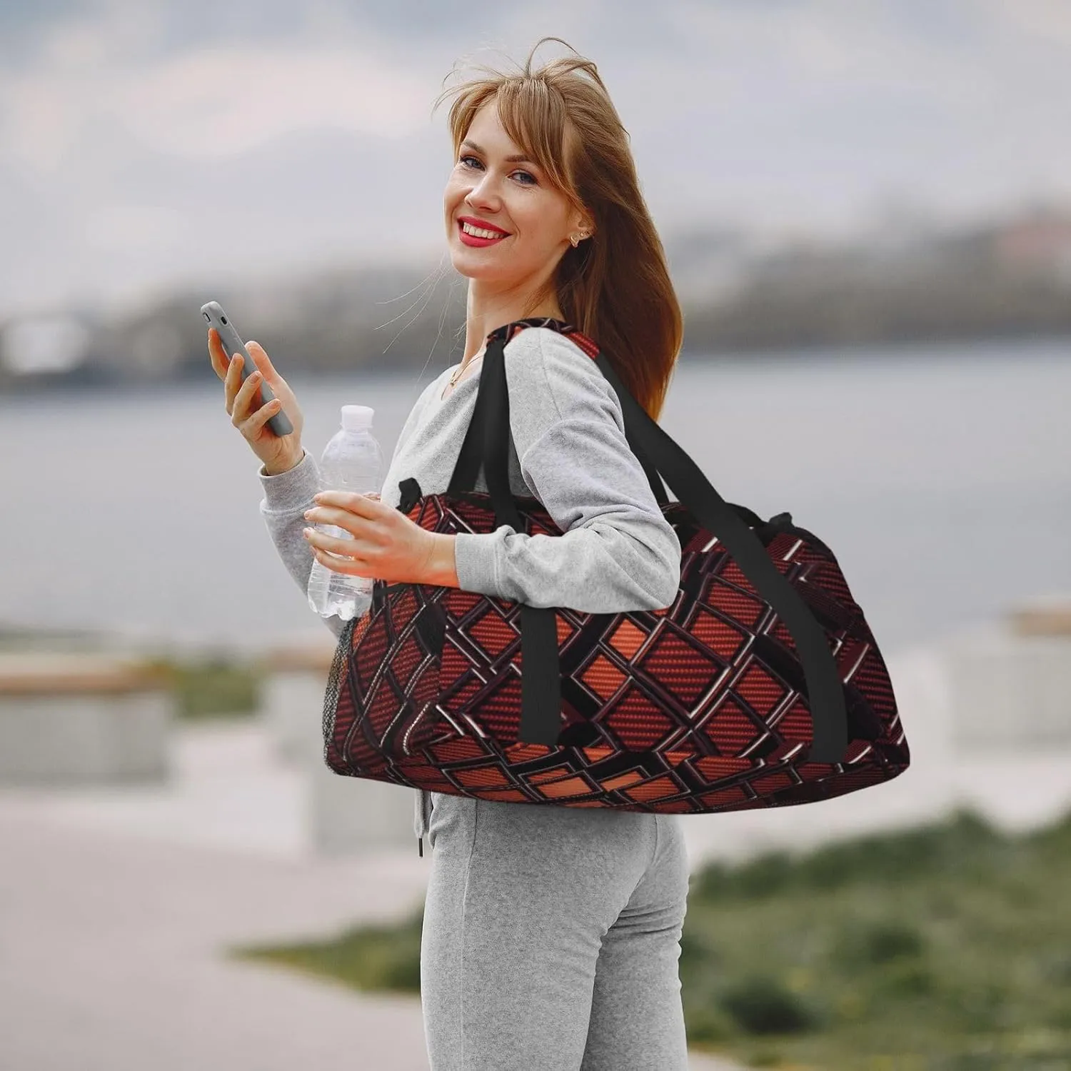 Orange-Brown Grille Travel Duffel Bag Large Foldable Waterproof Overnight Bag For Beach Swim Bags Pool Sports Gym