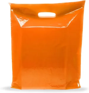 Orange Merchandise Plastic Shopping Bags - 100 Pack 12" x 15" with 1.5 mil Thick - Die Cut Handles - Perfect for Retail, Party Favors, Birthdays, Goodie Bags - Color Orange - 100% Recyclable