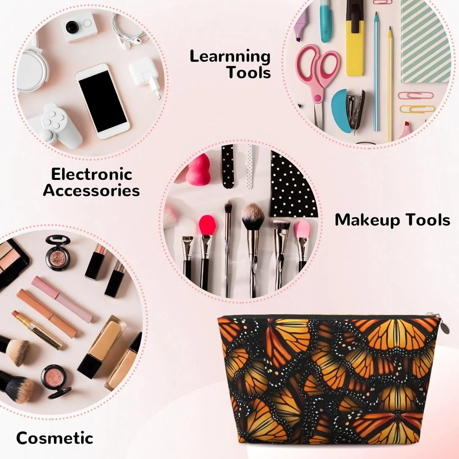 Orange Monarch Butterflies Cosmetic Bag Travel Makeup Bag Organizer Toiletry Bag with Zipper Storage Pouch Coin Purse Brushes for Women Girls Gifts
