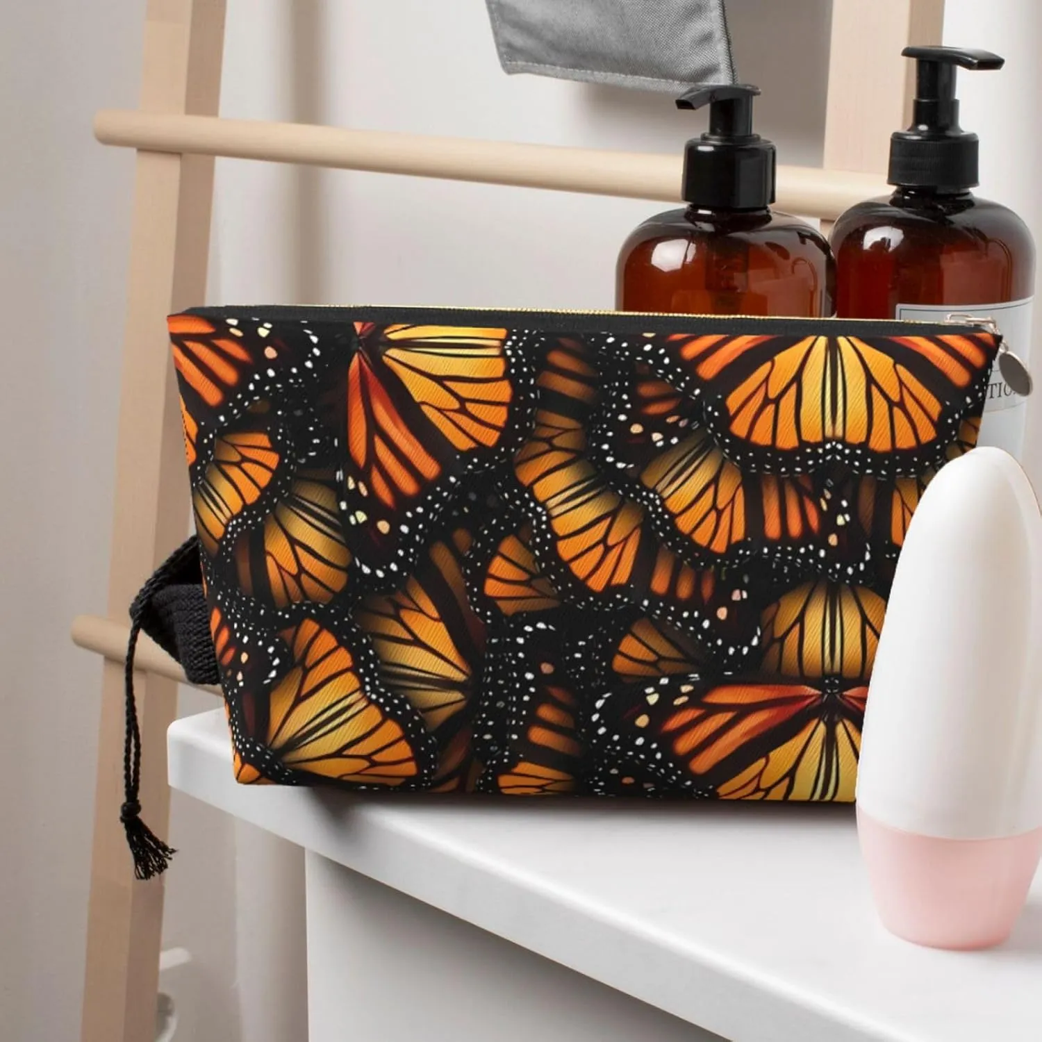 Orange Monarch Butterflies Cosmetic Bag Travel Makeup Bag Organizer Toiletry Bag with Zipper Storage Pouch Coin Purse Brushes for Women Girls Gifts