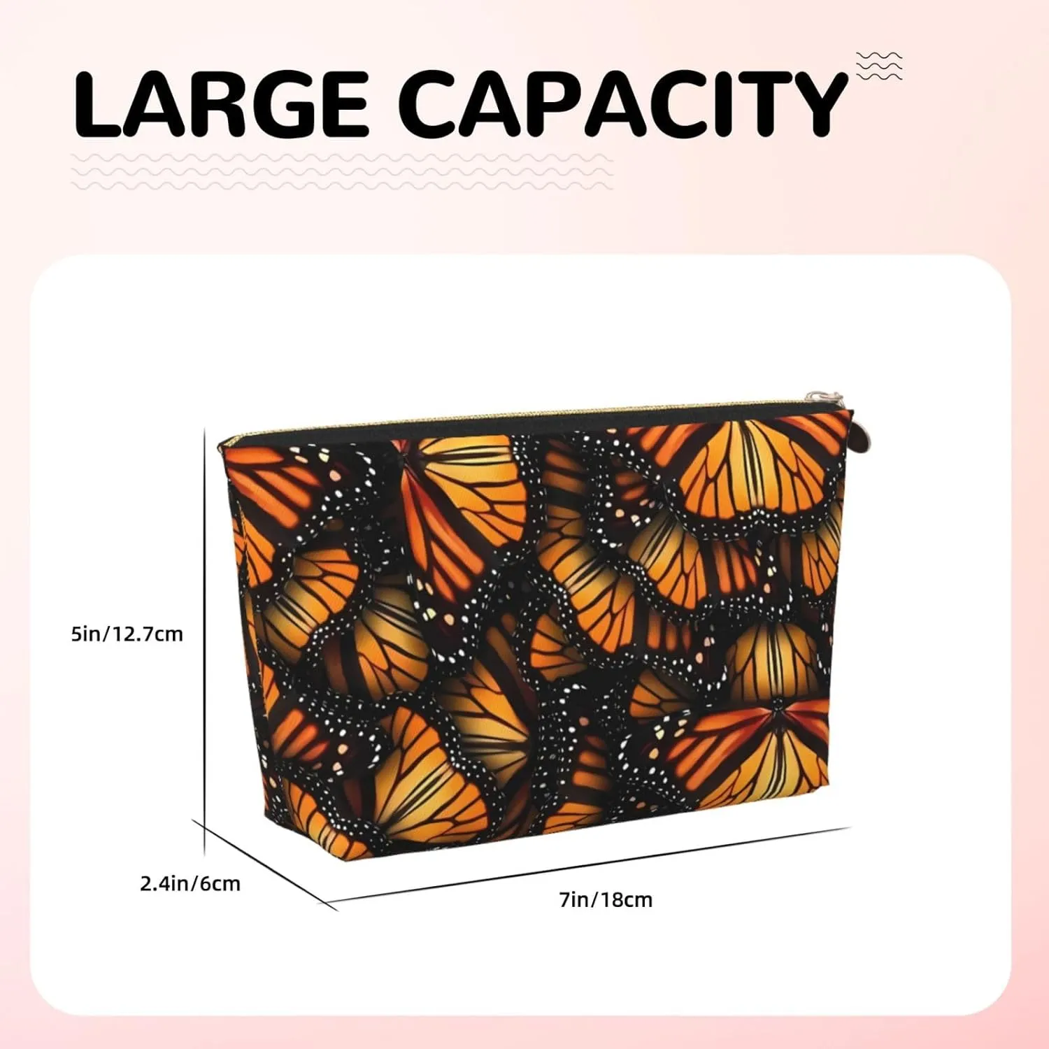 Orange Monarch Butterflies Cosmetic Bag Travel Makeup Bag Organizer Toiletry Bag with Zipper Storage Pouch Coin Purse Brushes for Women Girls Gifts