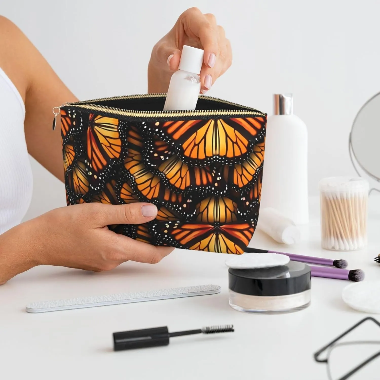 Orange Monarch Butterflies Cosmetic Bag Travel Makeup Bag Organizer Toiletry Bag with Zipper Storage Pouch Coin Purse Brushes for Women Girls Gifts