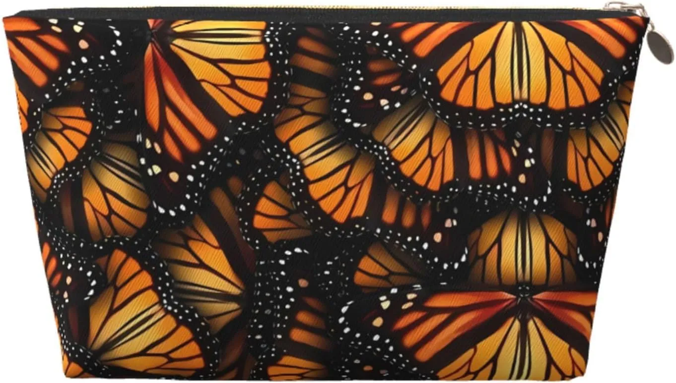Orange Monarch Butterflies Cosmetic Bag Travel Makeup Bag Organizer Toiletry Bag with Zipper Storage Pouch Coin Purse Brushes for Women Girls Gifts